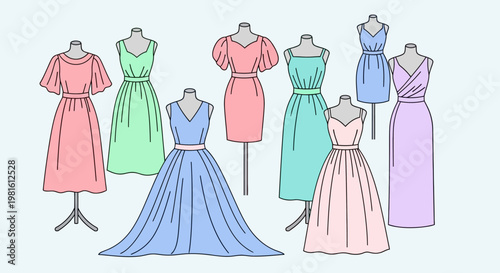 A collection of elegant dresses displayed on mannequins, showcasing various styles and colors.