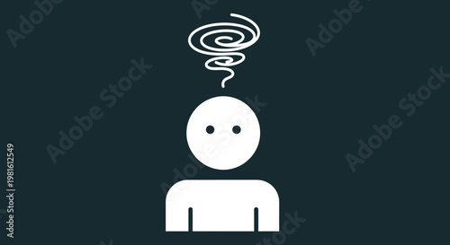 A simple white icon of a person with a swirling vortex above their head, representing confusion or a troubled mind.