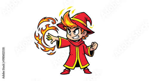 Cartoon wizard character with magic fire on white background