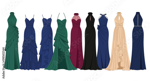 A collection of nine elegant formal evening gowns in various colors and styles, suitable for special occasions.