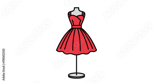A vibrant red dress displayed on a mannequin stand, showcasing its flared skirt and elegant bodice.