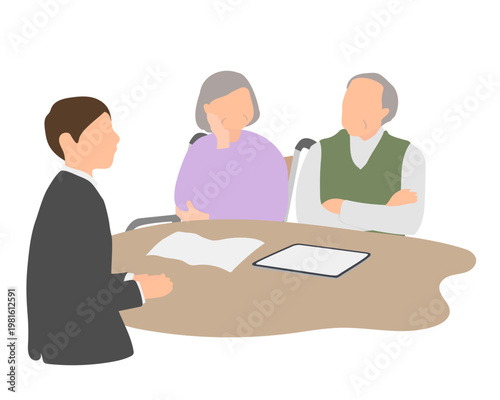 相続やお金について悩む高齢夫婦と相談員のシーン