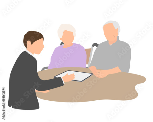 相続や資産について説明を受ける高齢夫婦と相談員のシーン