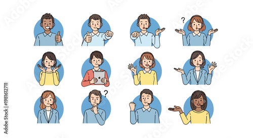 Diverse group of people expressing various emotions and actions, including approval, confusion, and presenting information, in bright studio.