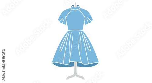 A light blue dress with short puffy sleeves and a high neckline displayed on a mannequin.