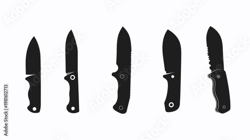 A set of five stylized knives with distinct blade and handle designs in black silhouette