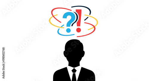Silhouette of a man's head with question and exclamation marks above, symbolizing confusion or problem solving in bright studio.