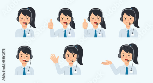 Eight positive female customer service representatives wearing headsets and making various gestures, including thumbs up and waving, in bright studio.