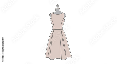Elegant light brown or beige short dress with a full skirt displayed on a mannequin, isolated white background.