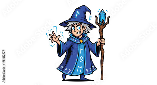 Cartoon wizard character with magic staff and crystal