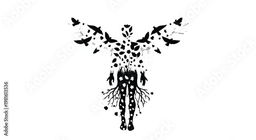 Silhouette of a person transforming into birds and roots, symbolizing freedom and growth