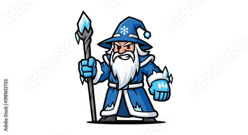Cartoon wizard with ice staff and snowflake hat illustration