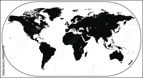 A black and white illustration map of the world with continents on a white background