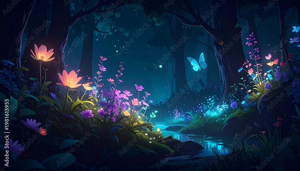 Fototapeta premium A vibrant, mystical forest scene with glowing flowers and a butterfly