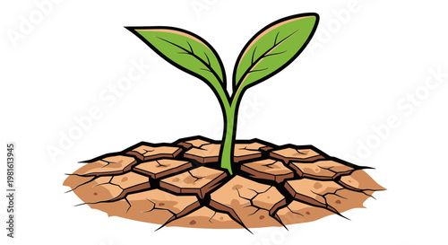 New Sprout Growing from Cracked Dry Earth, Hope and Resilience Symbol