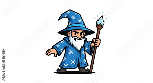 Cartoon wizard with magic staff and glowing effects illustration