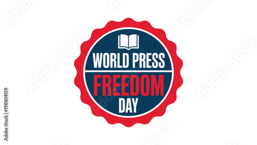 World Press Freedom Day badge logo featuring an open book icon and bold typography in red, blue, and white circular seal design isolated on white background for journalism.