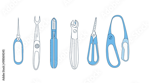Blue and white line art depicting various surgical instruments against a stark white backdrop
