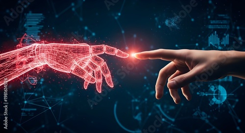 A human hand and a robotic hand nearly touching fingertips on transparent background. on transparent background