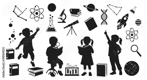 Silhouette illustration of children exploring science with scientific equipment and celestial objects.