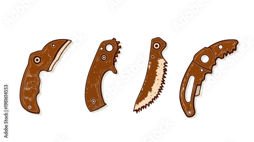 A collection of four brown-colored saw designs with varying handle and blade types, on a white background