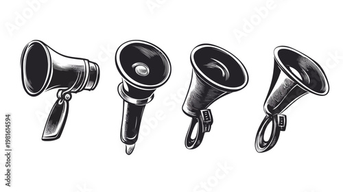 Monochrome illustration of four megaphones, each in a different position, with detailed shading