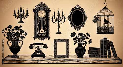Silhouette Collection of Vintage Home Decor Items on Shelf.
