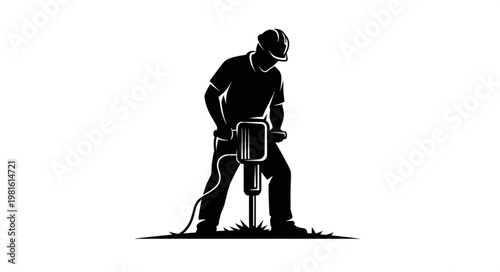 Silhouette of a construction worker using a jackhammer on a job site.