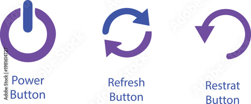 Set of purple flat icons featuring power button, refresh arrows, and system restart symbol for user interface design