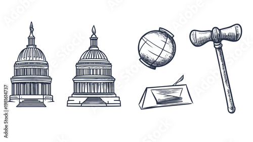 A detailed black and white illustration of political and legal symbols on a clean white background