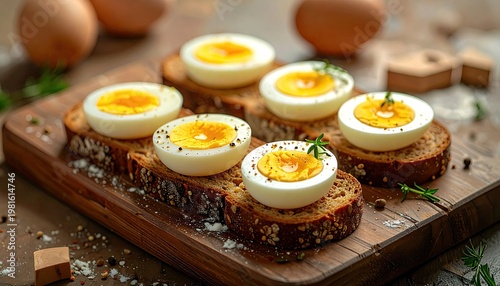 Hard-boiled eggs on seeded bread slices on a wooden board with dill