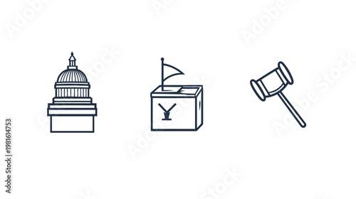 A white background with three outlined icons a building, a ballot box, and a gavel