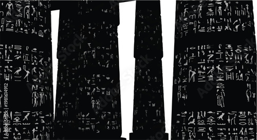 Ancient hieroglyphs cover monumental stone obelisks in a dramatic, dark scene.
