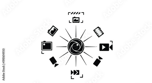 Creative hub with diverse media icons radiating from a central lens, symbolizing multimedia production and content creation.