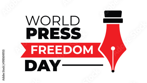 World Press Freedom Day typography design featuring a red fountain pen nib icon and ribbon banner on a white background, perfect for journalism and media events.
