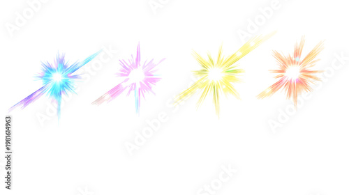 Four bursts of colorful light emitting from a central point, painted in a watercolor style