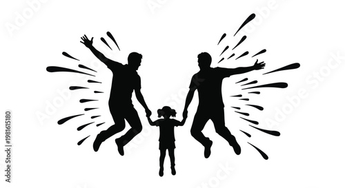 Joyful family of three leaping mid-air with vibrant splashes of color