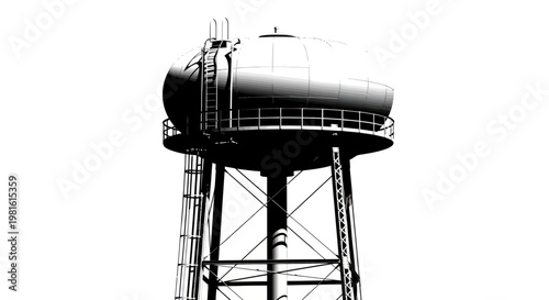 Industrial Water Tower Structure, Water Supply System, Isolated on White Background