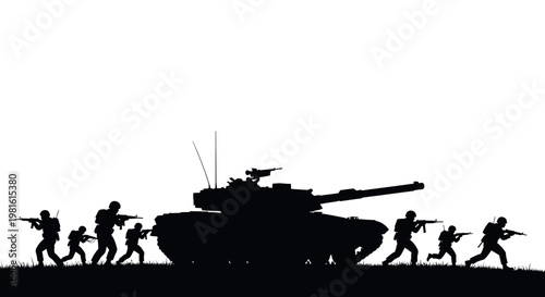 Silhouette soldiers advancing with tank, military combat scene, war background, team effort.