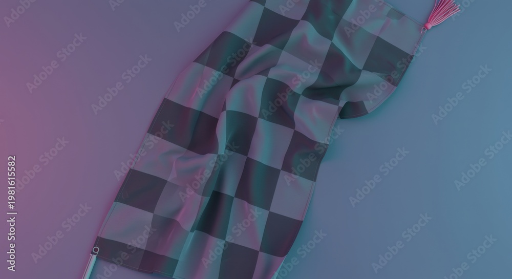 Fototapeta premium Checkered racing flag rippling over a lilac surface with pink glow for automotive sports branding and contemporary competition marketing projects with copy space