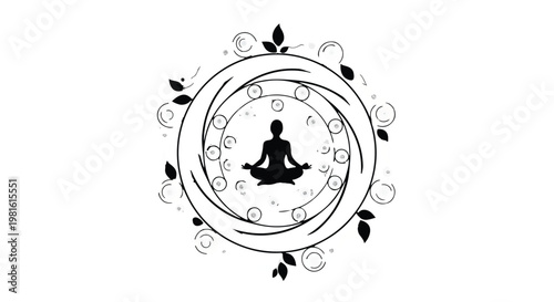Silhouette of a person meditating peacefully within a circular, nature-inspired mandala design.