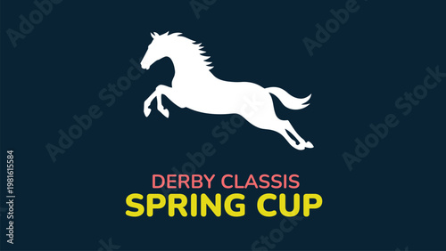 Spring Cup Derby Classic logo with white horse silhouette jumping on dark blue background, featuring yellow and coral typography for equestrian sports branding.