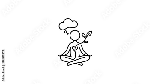 Meditating Person with Thought Bubble and Plant