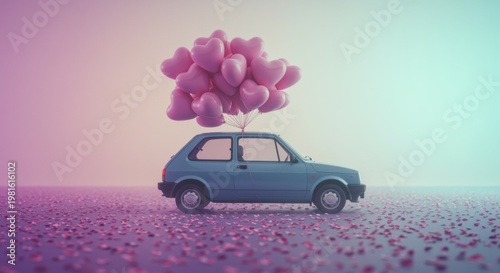 Vintage blue subcompact car carrying pink heart balloons on the roof over a field of petals for Valentine Day promotion or romantic celebration greeting cards