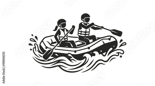 Two People Whitewater Rafting in Vector Style