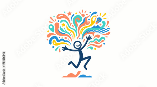 Creative Joy Abstract Stick Figure Celebrating with Burst