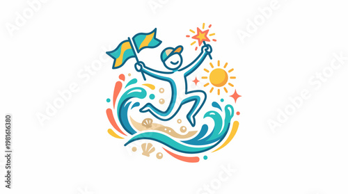 Joyful Person Celebrating Success with Beach Elements