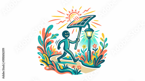 Cartoon Figure with Solar Panel and Garden Path