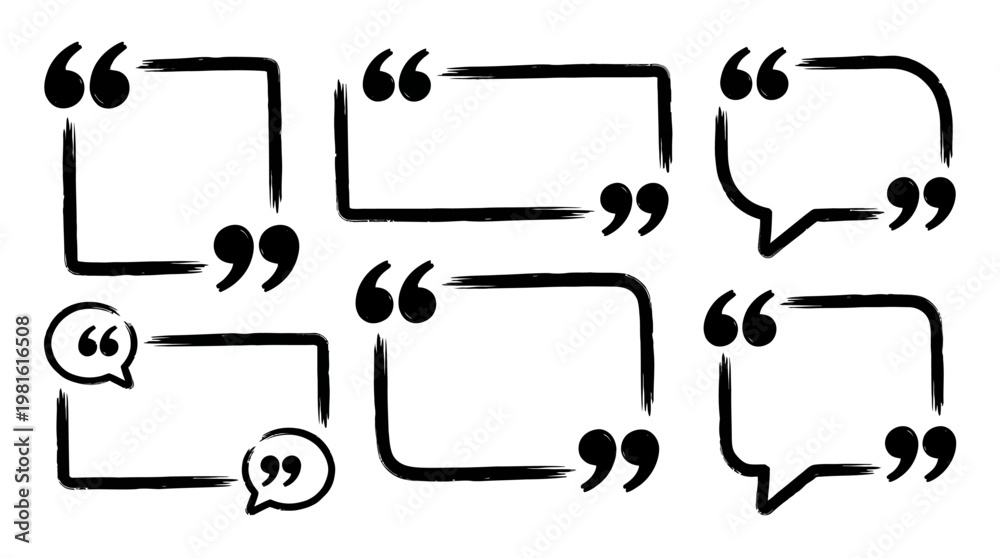 Obraz premium Quotation mark text box frame set. Hand drawn marker brush stroke text message frame background. Quotation mark dialog speech, square, chat banner design template. Vector illustration