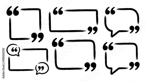 Quotation mark text box frame set. Hand drawn marker brush stroke text message frame background. Quotation mark dialog speech, square, chat banner design template. Vector illustration